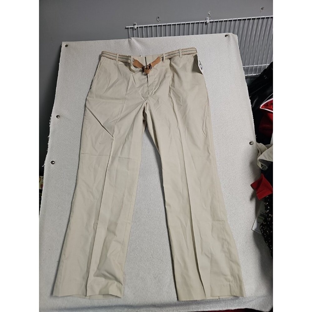 Towncraft Mens Khaki Chino Pants with Woven Belt 42x32 Beige Flat Front S-9